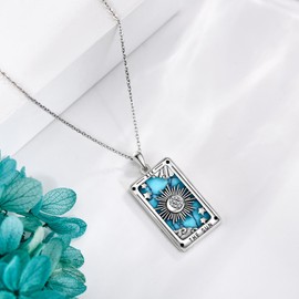 ONEFINITY Tarot Card Necklace 925 Sterling Silver Tarot Cards Pendant Necklace Vintage Turquoise Sun Moon Tarot Jewellery for Women