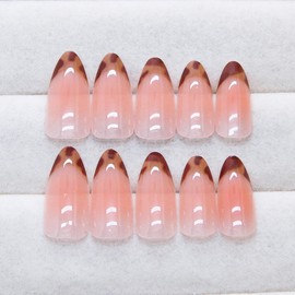 French Tip Press on Nails Medium Almond Fake Nails Leopard Acrylic Nails Nude Pink Nature False Nails Brown Nail Tip Glossy Glue on Nails for Women Manicure 24pcs