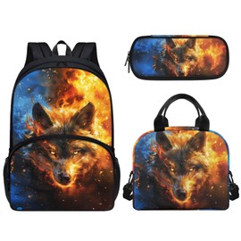 Cndexd 3 Pieces Fire Wolf Backpacks for Kids, Boys Preschool Backpack with Lunch Box Pencil Case, School Bookbag Set, Kids Backpack for Travel