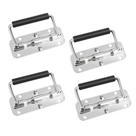 4 Pcs 304 Stainless Steel Folding Spring Handle with Black Rubber Grip Sleeve, 4 Holes for Storage Box, Flight Case