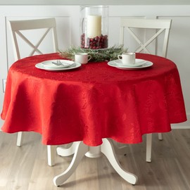 Benson Mills Poinsettia Legacy Damask Fabric Table Cloth, Holiday, Winter, and Christmas Tablecloth (Red, 70" Round)