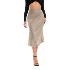 Oyamiki Womens Split Skirt Long Silky Satin Skirts Dressy High Waist Zipper Skirts, L