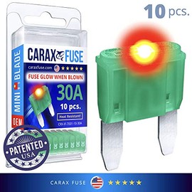 CARAX Glow Fuse â Premium Fuse MINI Blade â 30A Kit 10 pcs â Glow When Blown LED Automotive Fuse â Smart Auto Glow Fuse Easy Identification â 10 pcs