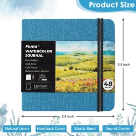 Funto Watercolor Journal, Square, Dual-Sided Cold-Pressed Paper, 5.5" x 5.5", Portable 2-Pack, 48 Pages Each, Blue Cover with Elastic Band, 110 lb/230gsm, Art Supplies for Mixed Media