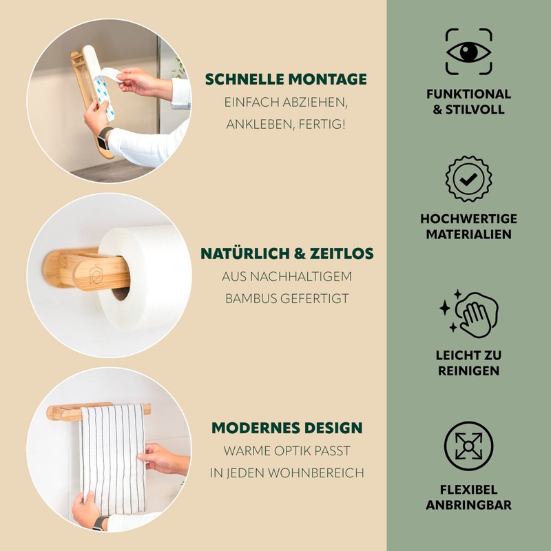 eluno Bamboo Wall Mounted Kitchen Roll Holder Natural Design Wall