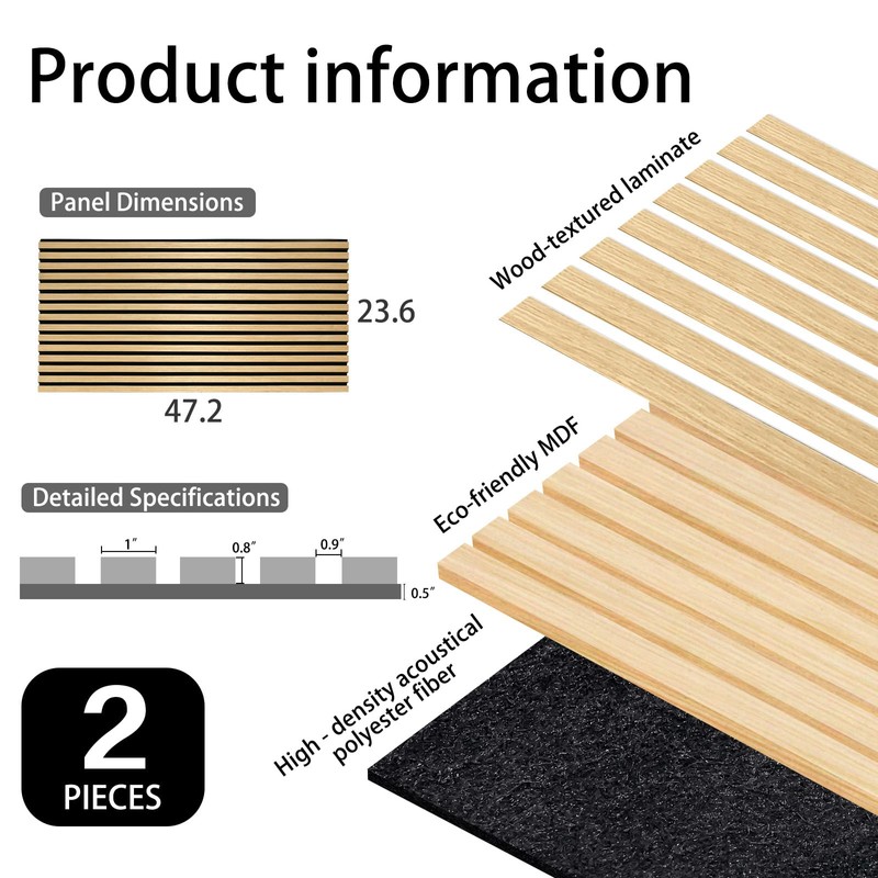 2Pcs Wood Slat Acoustic Panels for Wall - 47.2in x