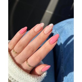 Pink Press on Nails Almond Short for Spring and Summer Designs with Cute Small Flowers Full Cover Stick on Nails in 12 Sizes, 24Pcs Manicure Kit for Women and Girls