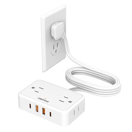 HOPOW Flat Plug Extension Cord, 6 Ft Ultra Thin Power Strip with 4 AC Wide Spaced Outlets and 4 USB (2 USB-C) Ports, No Surge Protector for Cruise Ship, White Extension Cord for Travel Home Office