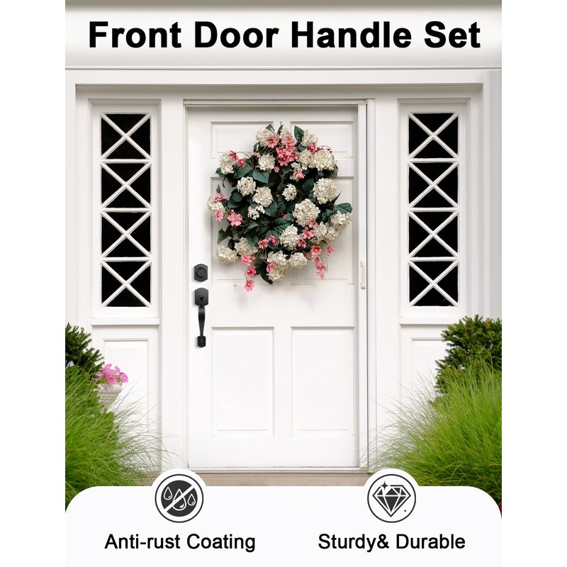 Tinewa Camelot Black Front Door Handle and Deadbolt Set, Front