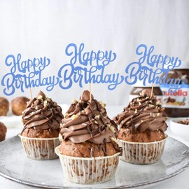 UXYOKM 24Pcs Happy Birthday Cupcake Toppers Blue Glitter Cupcake Picks Birthday Decorations Baby Shower Anniversary Party Supplies