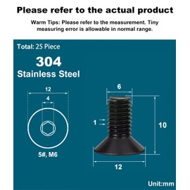 Drenky M6 Hex Socket Countersunk Bolts, Black Screws Countersunk DIN 7991 / ISO 10642 Rustproof Hex Screws 304 Stainless Steel Machine Screws Fully Thread, M6 X 10mm, 25 Pcs