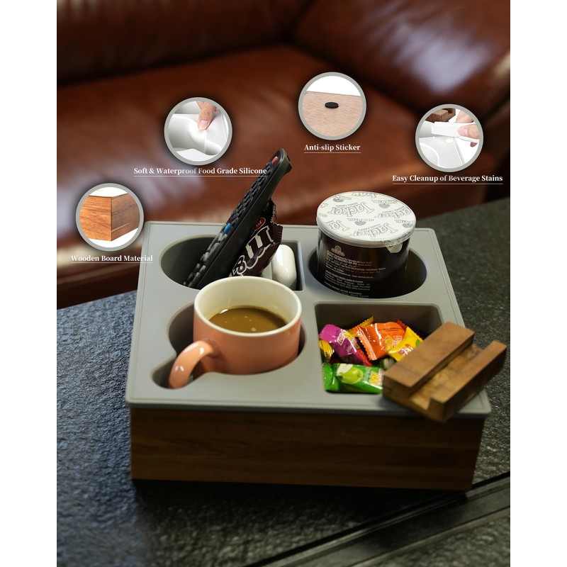 Hitseon Couch Cup Holder Tray, Handy Soft Silicone Acacia Wooden