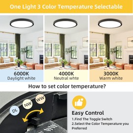 2 Pack 16 Inch LED Flush Mount Ceiling Light: 32W 3480LM Ultra-Slim Low Profile LED Ceiling Light, 3000K/4000K/6000K 3 Color Selectable LED Round Flat Ceiling Light for Room Hallway Bathroom, Black