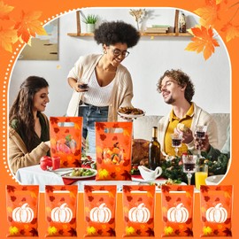 Supervitae 100 Pcs Fall Party Gift Bags Pumpkin Favor Bags Bulk with Handles for Snacks Goodie Candy Treat Thanksgiving Party Supplies