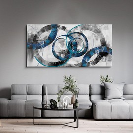 XLSJERST Blue Abstract Canvas Wall Art - Modern Art Wall Decor Wall Pictures for Living Room Bedroom Office Gray and White Paintings Artwork for Wall Size 24x48 Inches