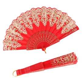 INNOLIFE Spanish Folding Retro Pattern Hand Fan for Women, Handheld Chinese Folding Fan Hand Fan for Party Dancing Wedding and Home Decoration (Red)