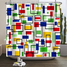 Canessioa Colorful Geometric Modern Shower Curtains Minimalist Fashion Abstract Squares Bathroom Curtain Plaid Polyester Shower Curtain Sets for Bathroom Extra Long 72x72 in with 12 Hooks