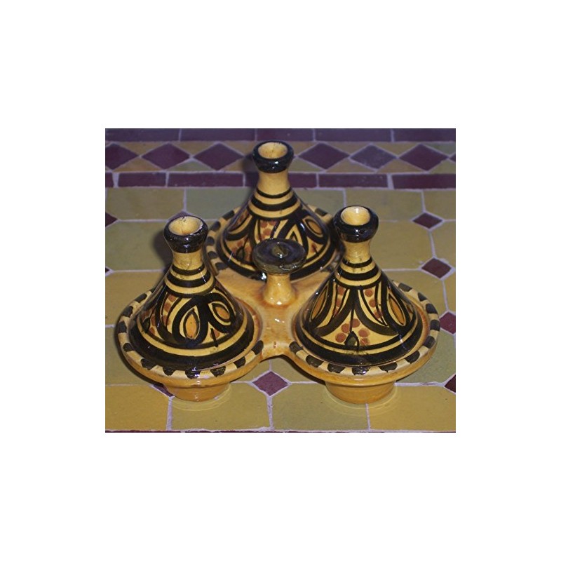 Handmade Moroccan Ceramic Triple Tagine Yellow Spice Holder