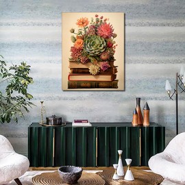 TUMOVO A Succulent on a Book- Paint by Numbers for Adults Beginner, Vintage Plant Adult Paint by Number Kits, Abstract Canvas Painting Kits for Men Women,Home Library Wall Decor 16x20in Frameless