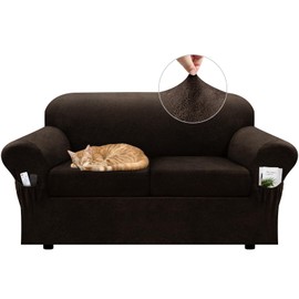 Pfrstuv Loveseat Slipcover with Armrest Pockets 3-Piece Set, Stretch Faux Leather Love Seat Covers for 2-Cushion Couches(Fits 58-66") - Non-Slip, Machine Washable, Pet & Kid Friendly - Dark Brown