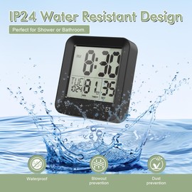 Yariaii Waterproof Shower Clock, Digital Bathroom Kitchen Wall Clock Timer with Temperature, Touch Screen, Suction, Hanging Hole, Battery Operated, Black