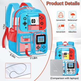 JIRAIKEI Clear Backpack for Boys - Gamer Kids Clear Bookbag for School, Large See Through PVC Backpack for Stadium Events, Travel, College, Work