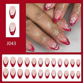 Red French tips Press on Nails Medium Almond Fake Nails with Design White Flower Glue on Nails Glossy Spring Nails Reusable Summer False Nails for Women Girls Manicure 24pcs