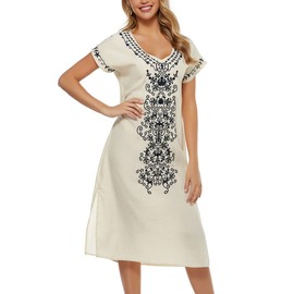 Women's Summer Casual Boho Dress Embroidery Floral Tradition Mexican Peasant Dresses V Neck Short Sleeve Midi Beach Dresses (Apricot,M)