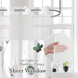 Gibelle Extra Long No Hook Floral Shower Curtain with Snap-in Waterproof Fabric Liner Set - 72" x 86"(84"), Hotel Style Sage Green Beige Modern Flower Shower Curtain with See Through Top Window