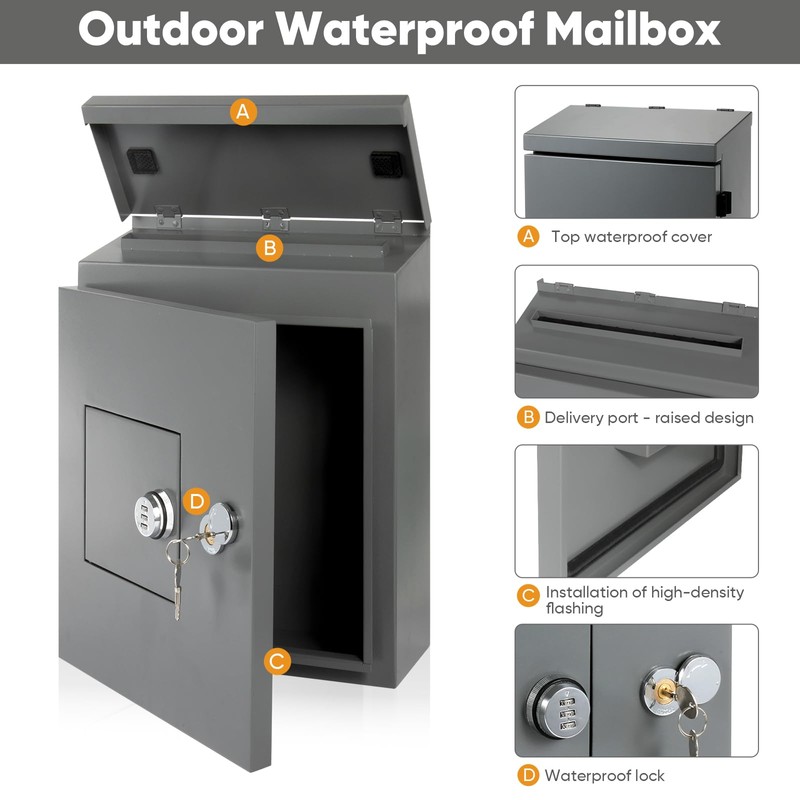 Mailbox with Combination Key Box, Wall Mounted Metal Mailbox, Outdoor