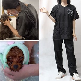 WAYUTO Short Sleeves Pet Grooming Smock with Zipper Dog Grooming Work Clothes with 2 Pockets Pet Grooming Shirt Dog Grooming Workwear for Pet Shop Men Women Poodle X-Large