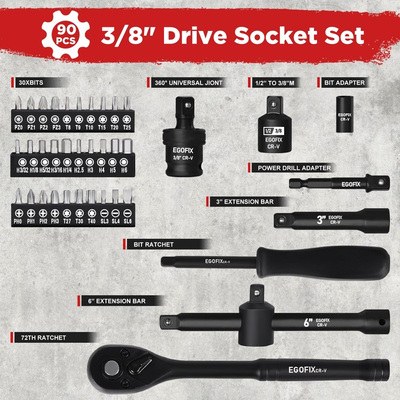EGOFIX 3/8" Drive Impact Socket Set, 90 Piece Metric Socket
