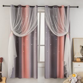 FANLI 2 Panels Star Ombre Rainbow Blackout Curtains for Kid Girls Bedroom Living Room Decor Darkening Moon Double Layer Star Cut Out Stripe Gradient Window Curtain (Pink/Blue, 52WX63L-2PANELS)