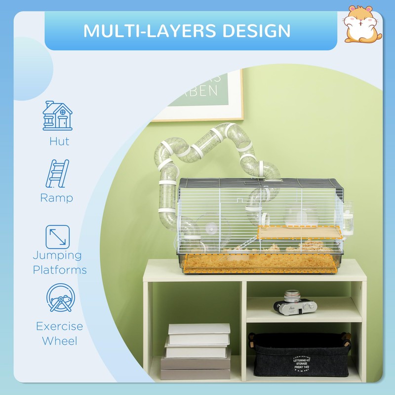 PawHut Hamster Cage, 2 Levels Gerbil Cage, Small Animal Cage