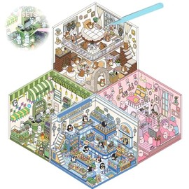 4Sets DIY 3D House Stickers Set Make Your Own Sticker Therapy Scene Supermarket Coffee Shop Restaurant Bookstore 3D House Sticker Set Funny Cartoon Scene Stickers for Relief Stress Pass The Time (C)