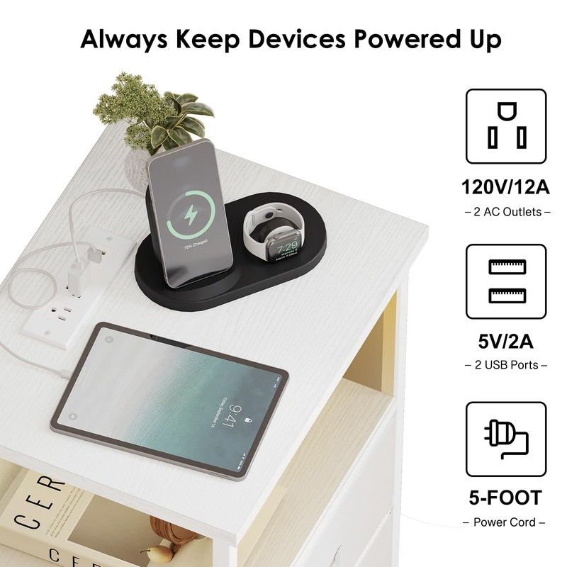 Fixwal Night Stand with Charging Station, LED Nightstand with U-S-B