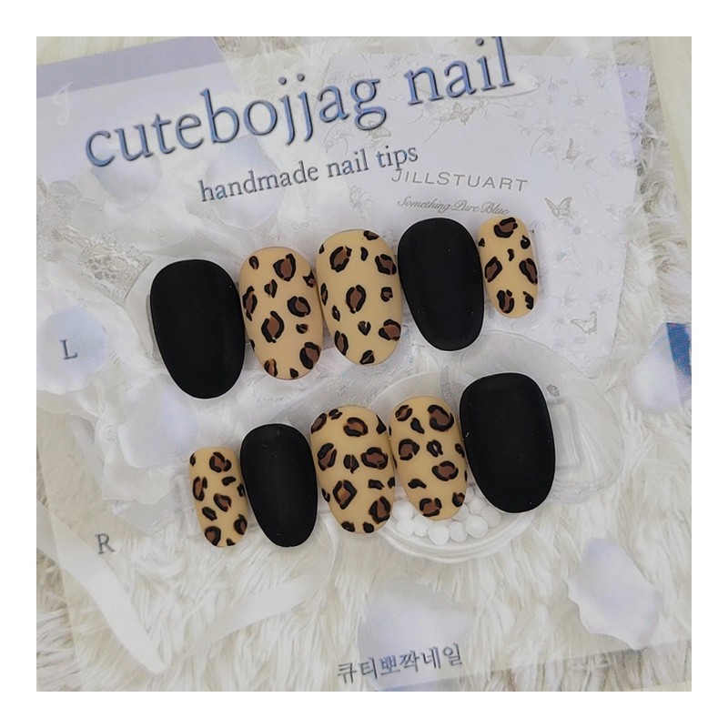 Black Leopard Matte Handmade Nail Tips - Oval L /