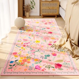 CRYPTOLITE Runner Rug for Hallways Kitchen, Washable 2x6 Runner Rugs Boho Floral Design, Ultra Soft 0.27″ Non-Slip Vintage Carpet Runner for Hallways, Kitchen, Bedroom, Bathroom (Pink)