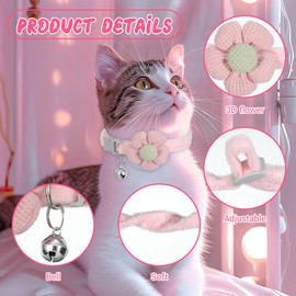 Small Dog Collar with Flower, 2 PCS Puppy Collar Small Dog Collars for Female Dogs Adjustable Cute Dogs Collars with Bell for Girl Boy Little Kitten Pet (Pink, White, XS)