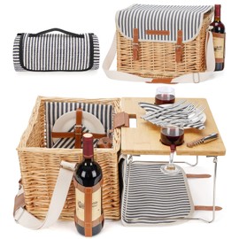 Wicker Picnic Basket for 2 with Detachable Table, Elasticated Wine Holder, Shoulder Carrying Willow Picnic Hamper Set with Premium Tableware & Blanket for Outdoor, Wedding, Anniversary, Birthday Gift