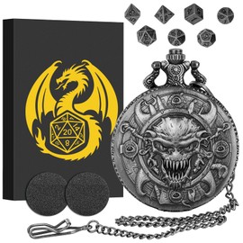 Mini DND Dice Set with Steampunk Skull Eye Demon Pocket Watch Case, Tiny 7PCS Polyhedral Metal D&D Dice, Gothic Gifts, DND Gifts with Gift Box, Role Playing Game Board Game Accessories Dice, Silver