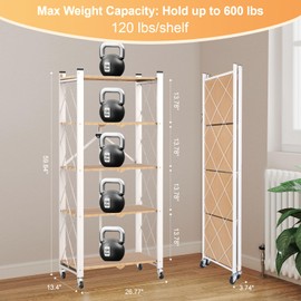 Yuanjimi 5-Tier Foldable Storage Shelves with Wheels, Folding Metal Shelf Unit, Folding Bookshelf no Assembly, Collapsible Shelves for Craft Shows for Kitchen, Bedroom, Living Room, Natural