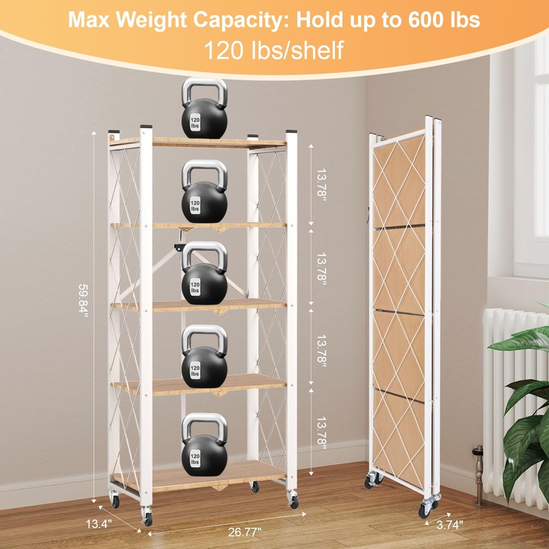 Yuanjimi 5-Tier Foldable Storage Shelves with Wheels, Folding Metal Shelf