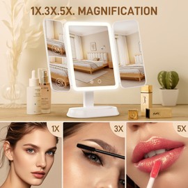 frano Vanity Mirror with Lights, Rechargeable Lighted Makeup Mirror with 1X/3X/5X Magnification, Smart Touch 3 Colors Dimmable, Portable Trifold Light Up Mirror for Travel, Gifts for Women Girls