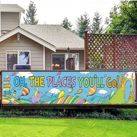 LOONELO Oh The Places You'll Go Banner Backdrop with 118''X19.6'', Oh The Places You'll Go Party Decorations Photography Background for Dr.Seuss Kindergarten Preschool Graduation Supplies