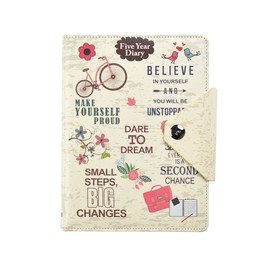 Five 5-Year Diary Organizer - Undated Daily Planner Journal Book - Stud Button Closure - A5 Writing Paper - Faux Leather Inspirational Slogan Art Cover, by Arpan (Cream)