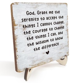 Decorative Desk Decor Motivational Mental Health Recovery Positive Plaque with Wooden Stand Inspirational Serenity Prayer Christian Wood Sign for Home Office Reading Corner Table Bookshelf