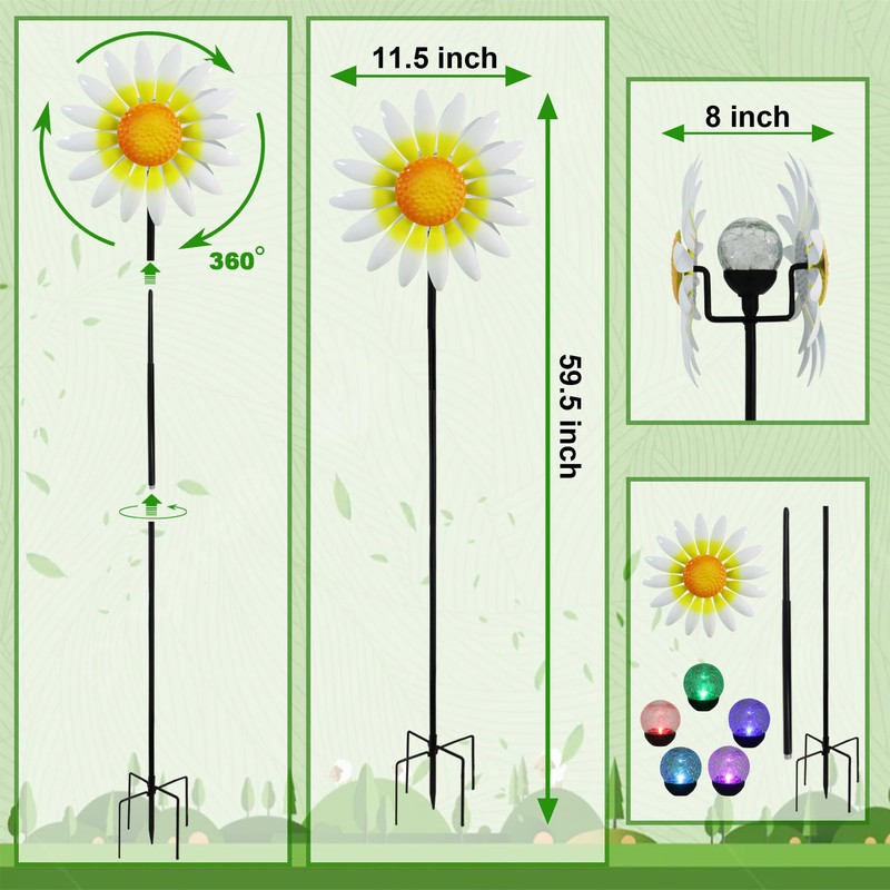 Decorative Metal Garden Daisy Wind Spinner, Decorative Garden Stakes, Daisy
