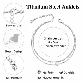 ESHIONER Ankle Bracelets for Women Silver Chains Double Layer Adjustable Chain Size Anklet Heart Foot Beach Summer Waterproof Multilayer Jewellery Bracelet Anklets for Women and Girls