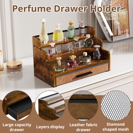 Yuzehuaza 3 Tier Perfume Organizer with Drawer，Wooden Cologne Organizer for Men，Retro Perfume Stand Organizer，Display Riser Shelf Holder for Skincare Makeup Organizers，Rustic Brown